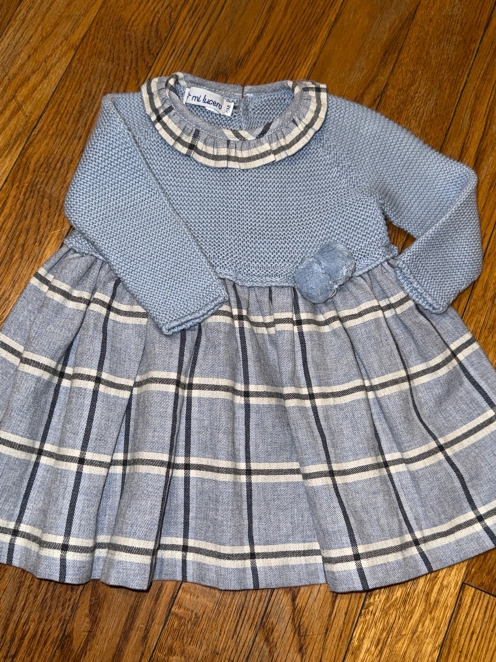Mi Lucero boutique 100% cotton made in Spain knit blue plaid baby dress 6m